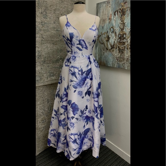 Bariano Anne Asymmetrical Blue Floral Gown